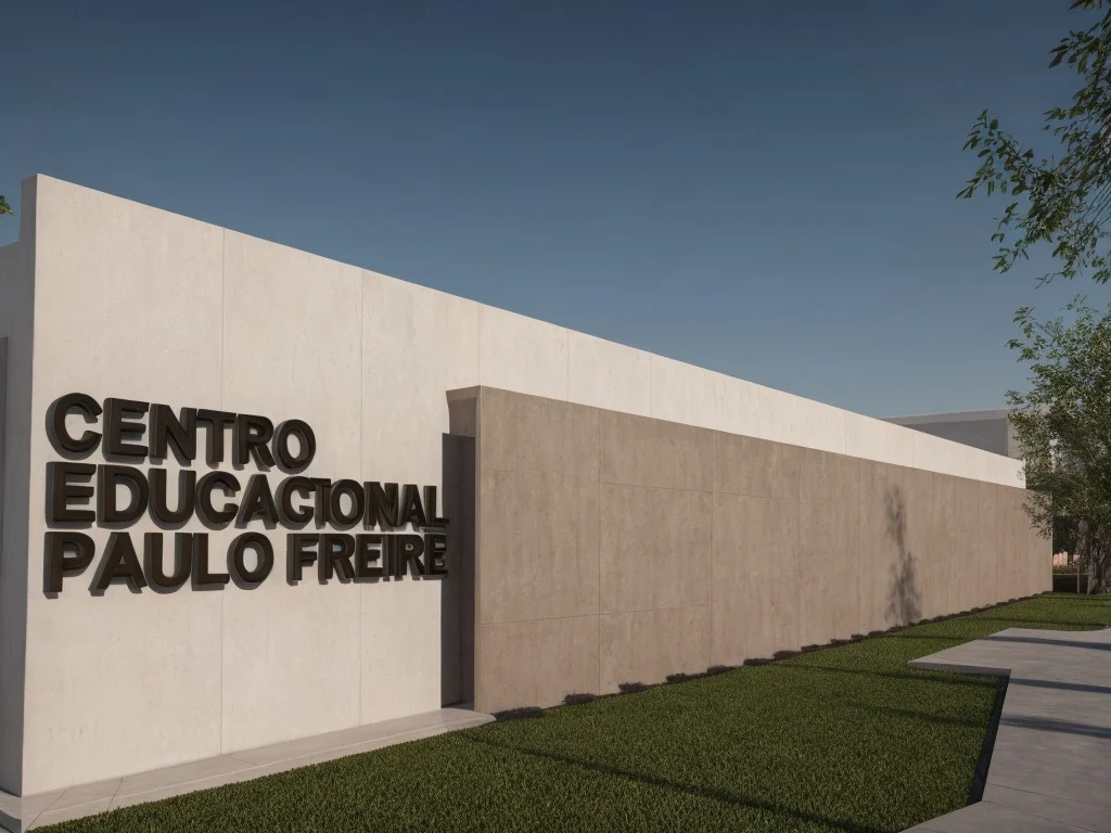 Fachada institucional em concreto com o letreiro Centro Educacional Paulo Freire